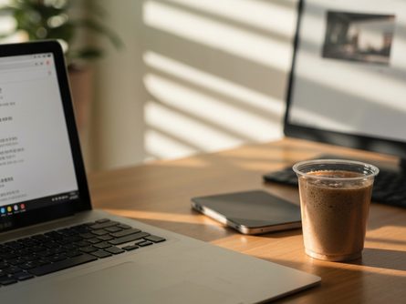 나무 책상 위에 스마트폰, 게임 컨트롤러, 헤드셋이 놓여 있고 배경에 트로피와 게임 패키지가 보이는 모습