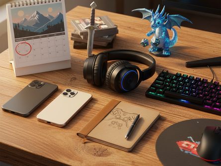 나무 책상 위에 스마트폰 두 대, 달력, 메모장, 그리고 게임 관련 소품들이 놓여 있는 모습