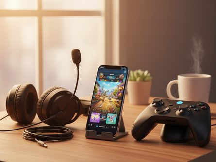 스마트폰과 게임 컨트롤러, 헤드셋이 놓인 책상 위 풍경
