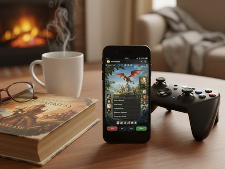 스마트폰과 게임 컨트롤러, 판타지 소설책이 나무 테이블 위에 놓여있는 모습