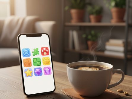 스마트폰과 이어폰, 커피잔이 놓인 나무 테이블 위 힐링 공간