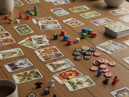 다양한 보드게임 카드와 주사위, 게임 토큰이 흩어진 나무 테이블 위 풍경