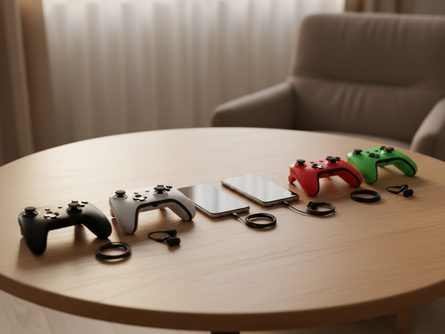 원형 테이블 위에 여러 대의 스마트폰이 나란히 놓여 있고, 각 스마트폰마다 게임패드와 이어폰이 함께 배치된 모습