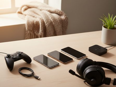 스마트폰 여러 대와 게임 컨트롤러, 헤드셋이 놓인 책상
