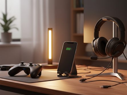 스마트폰과 게임 컨트롤러, 헤드셋이 놓인 책상 위