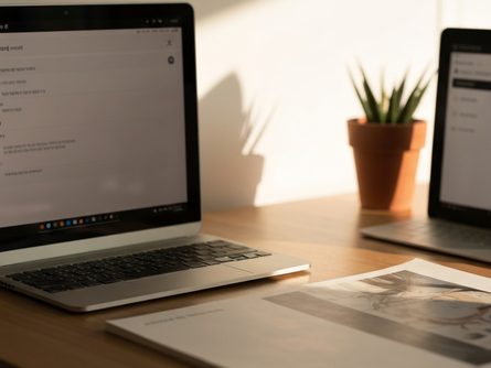 책상 위에 놓인 스마트폰과 게임 컨트롤러, 순위표가 그려진 차트가 있는 사무실 풍경