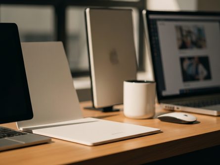 밝은 햇살이 들어오는 방 안, 노트북 화면에 게임 컨트롤러와 스마트폰이 함께 놓인 모습