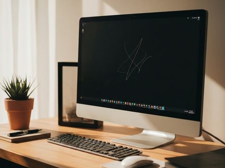 노트북 화면에 표시된 모바일 게임 화면, 옆에 놓인 게이밍 마우스와 키보드, 흐릿한 거실 배경