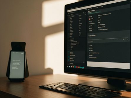 손으로 스마트폰을 들고 게임 화면과 설정 메뉴를 조작하는 장면, 흐릿한 책상 배경