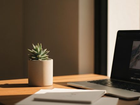 밝은 자연광이 드는 작업실 책상 위에 놓인 노트북과 태블릿, 스마트폰, 스타일러스 펜, 게임 컨트롤러가 배치된 모습