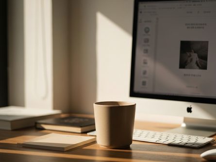 밝은 사무실 책상 위에 놓인 노트북과 태블릿, 헤드폰, 게임 컨트롤러, 메모장과 펜 클로즈업