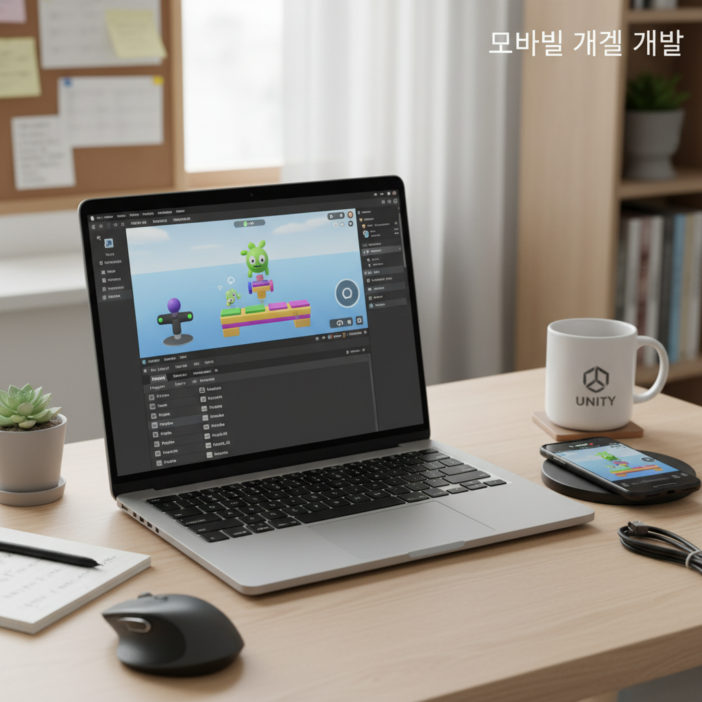 노트북 화면에 표시된 Unity 게임 엔진 인터페이스와 스마트폰, 마우스, 커피잔이 놓인 작업 공간