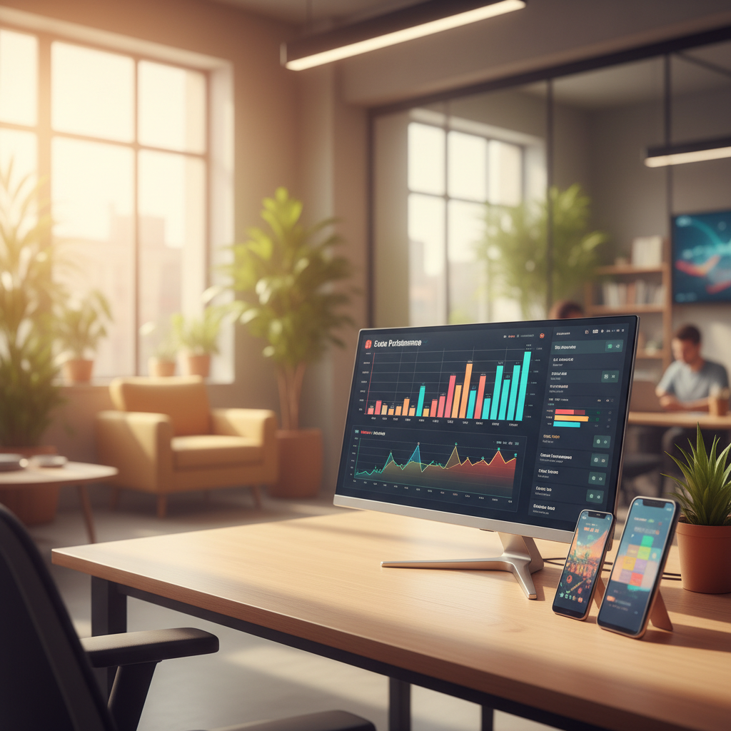밝은 사무실 내부, 대형 모니터에 게임 그래프와 매출 차트가 표시되고 측면에 스마트폰 여러 대가 놓인 모습