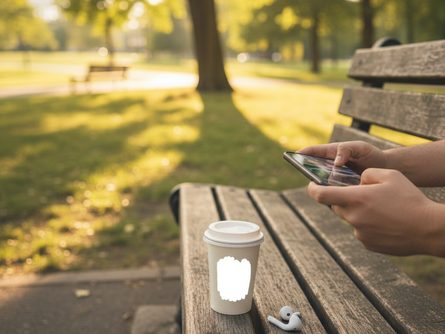 공원 벤치에 앉아 스마트폰을 들고 게임을 즐기는 사람, 옆에 놓인 이어폰과 커피잔, 맑은 오후 햇살 배경