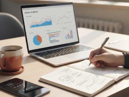 밝은 사무실 책상 앞에서 노트북 화면에 표시된 게임 분석 대시보드를 보며 펜으로 노트에 메모하는 손 클로즈업, 커피잔과 스마트폰이 함께 놓여 있음