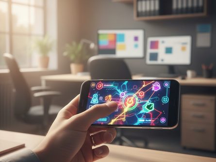 손으로 스마트폰을 들고 화면을 터치하는 장면, 화면에는 색색의 게임 인터페이스가 보이고 흐릿한 사무실 배경