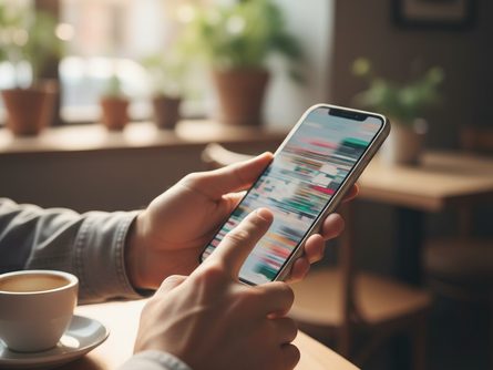 스마트폰을 손에 든 채 화면을 터치하는 모습 클로즈업, 배경에 흐릿하게 보이는 카페 실내와 커피잔