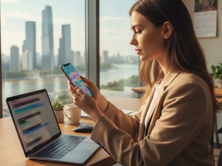 밝은 사무실 공간에서 노트북 앞에 앉아 스마트폰을 들고 모바일 게임 화면을 보는 마케터, 측면 각도 촬영, 창문 너머로 도시 풍경