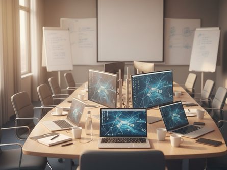 회의실에서 노트북과 모니터를 보며 게임 런칭 전략을 논의하는 개발팀과 마케터들