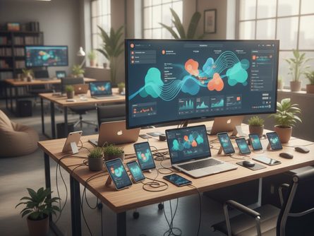 모바일 게임 개발 사무실 전체 배경, 큰 모니터에 게임 대시보드 화면이 보이고 책상에 노트북과 스마트폰 여러 대가 놓여 있는 장면