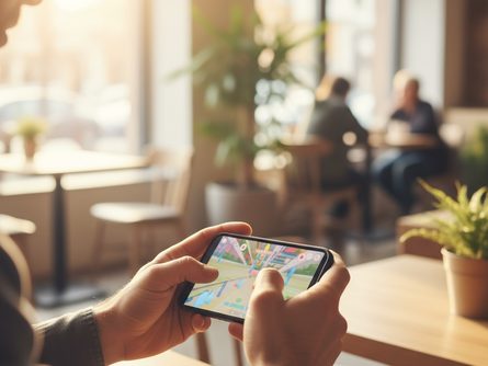 카페 창가 자리에서 스마트폰으로 게임을 즐기는 사람, 테이블에 놓인 커피잔과 무선 이어폰