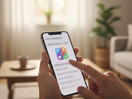손으로 스마트폰을 들고 게임 앱 아이콘을 터치하는 클로즈업, 흐릿한 거실 배경
