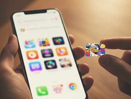 손으로 잡은 스마트폰과 SD카드 클로즈업, 게임 아이콘이 보이는 화면