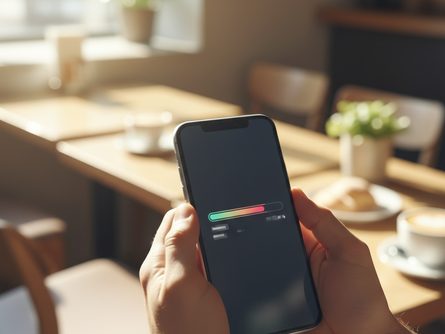 손으로 스마트폰을 들고 5G 와이파이 공유기 앞에서 게임 다운로드 화면을 확인하는 클로즈업, 밝은 실내 배경