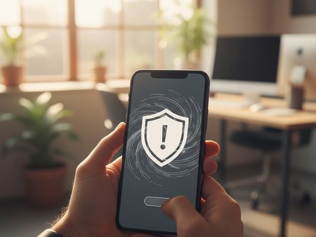 손으로 스마트폰을 들고 보안 경고 화면을 보는 모습, 흐릿한 사무실 배경