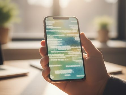 손으로 스마트폰을 들고 보안 검사 화면을 확인하는 클로즈업, 흐릿한 데스크 배경