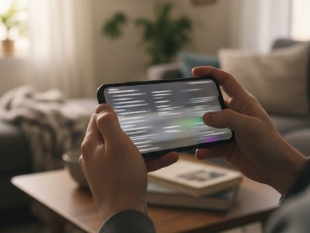 손으로 스마트폰을 들고 게임 설정 화면을 조작하는 클로즈업, 주변 흐릿한 거실 배경