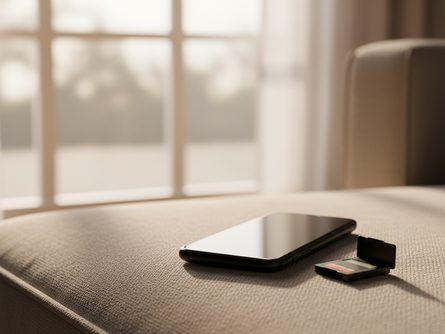거실 소파에 놓인 스마트폰과 SD 카드 어댑터, 흐릿한 창밖 배경