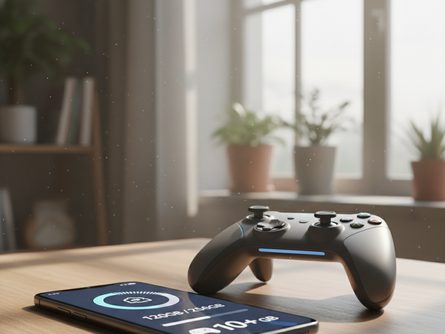 책상 위에 놓인 최신 스마트폰과 게임 컨트롤러, 화면에 저장공간 용량 표시, 자연광 실내 배경