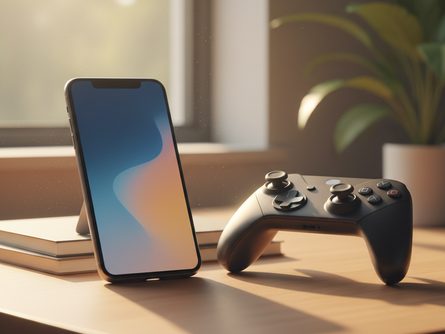 햇살이 드는 책상 위, 스마트폰과 무선 게임패드 클로즈업